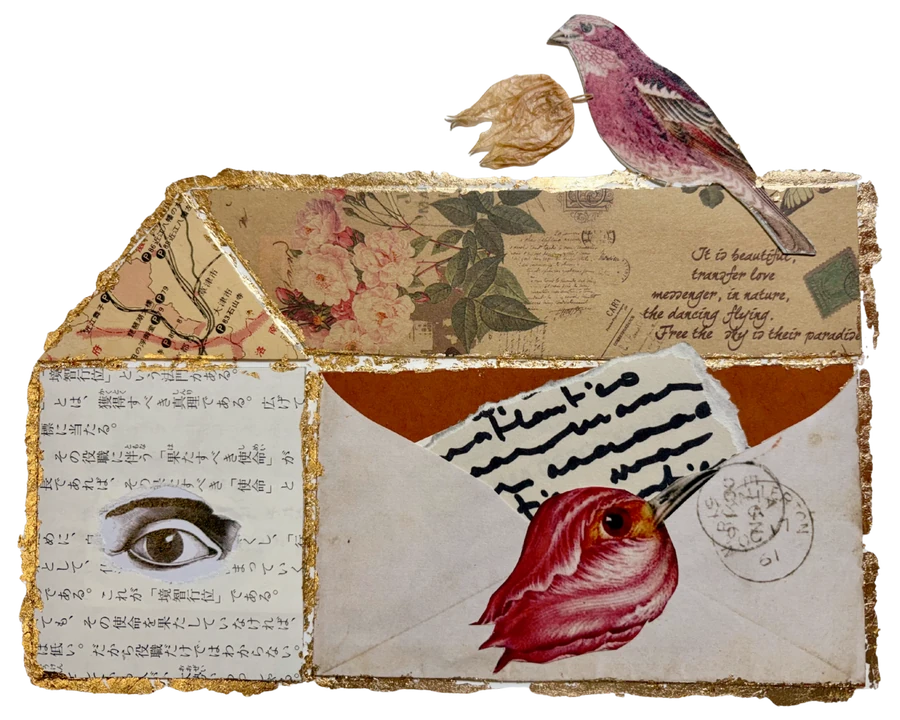 Colagem em formato de casa com um pássaro pousado no telhado, um olho ilustrado e uma carta manuscrita